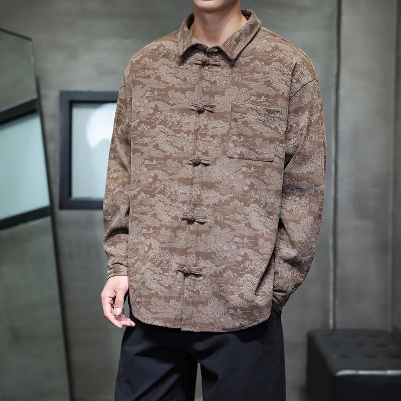 Camicia da uomo a maniche lunghe primaverile Camicie da uomo stile cinese Camicie da uomo monopetto con colletto quadrato Top vintage da uomo con ricamo