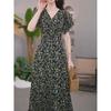 Women's Floral Midi Dress V-Neck Ruffle Sleeve Slim Fit Casual Elegant Dress