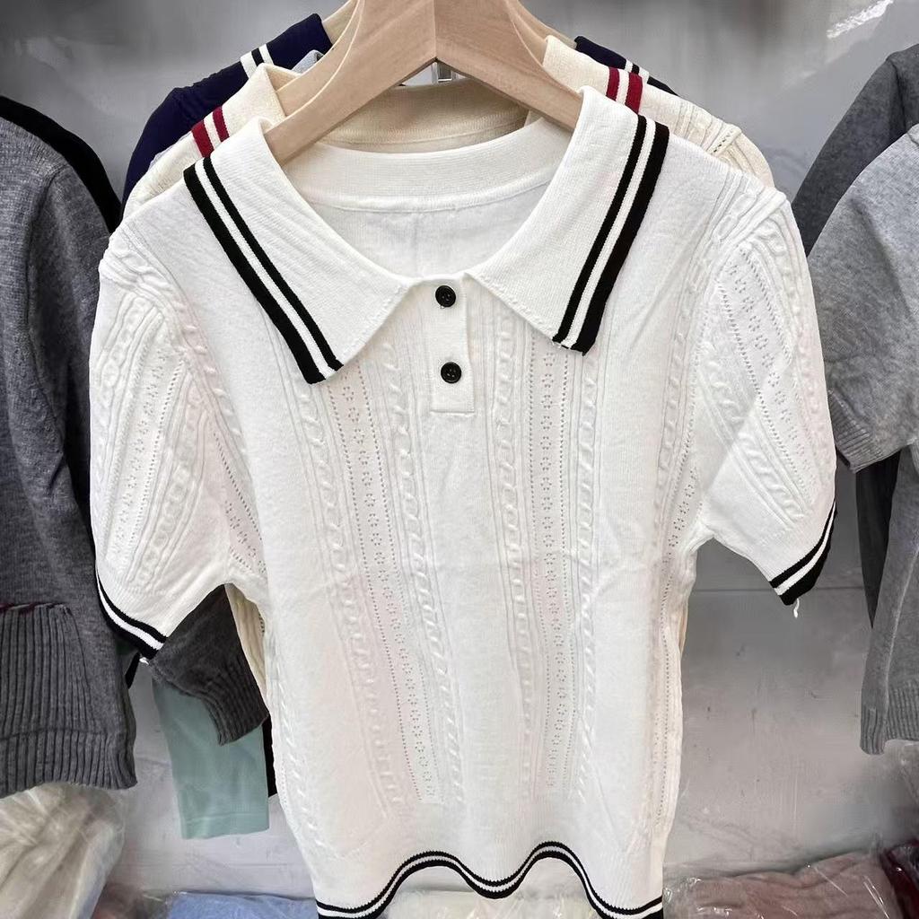 Suéter de punto hueco estilo universitario para mujer Verano 2026 con cuello polo y hombros caídos