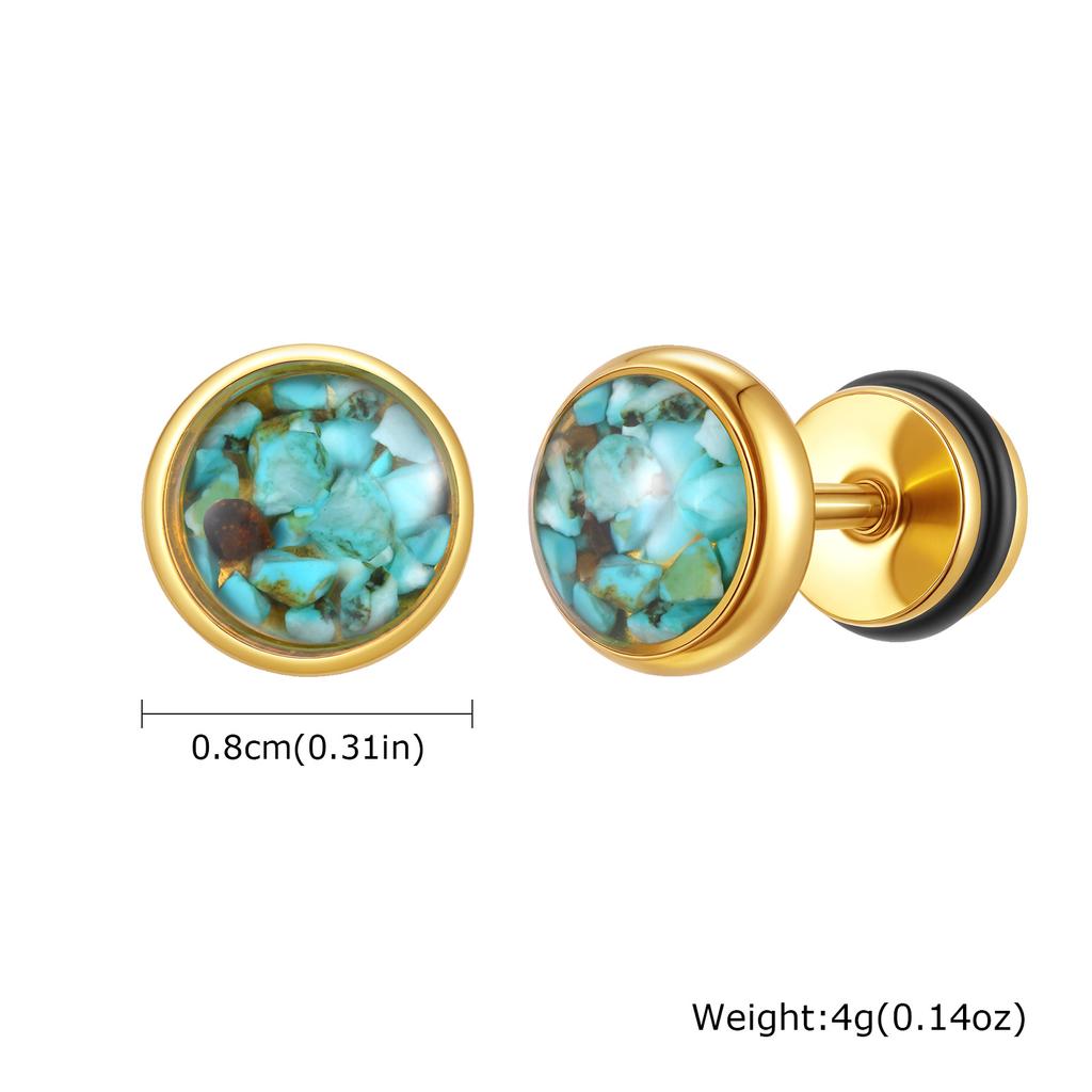 New Natural Stone Men's Small Round Stud Earrings,Simple Stainless Steel Metal Stud Earrings,Hip Hop Cool Jewelry Gift