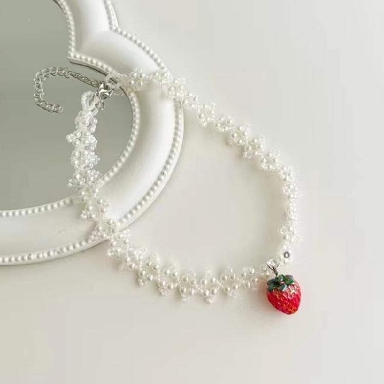 Double Layer Pearl Choker Strawberry Pendant Necklace Collar Necklace