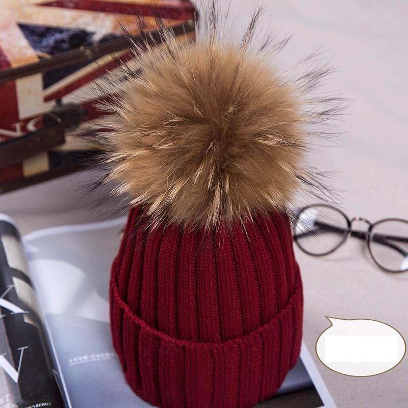 Real Winter New Raccoon Fur Hats Pom Pon Women Lady Knit Beanie Bobble Cap