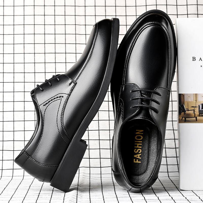 Large Size Black Lace-up Four-season Leather Shoes Dress Work Non-slip Round Head Business Dad Shoes Retro Style