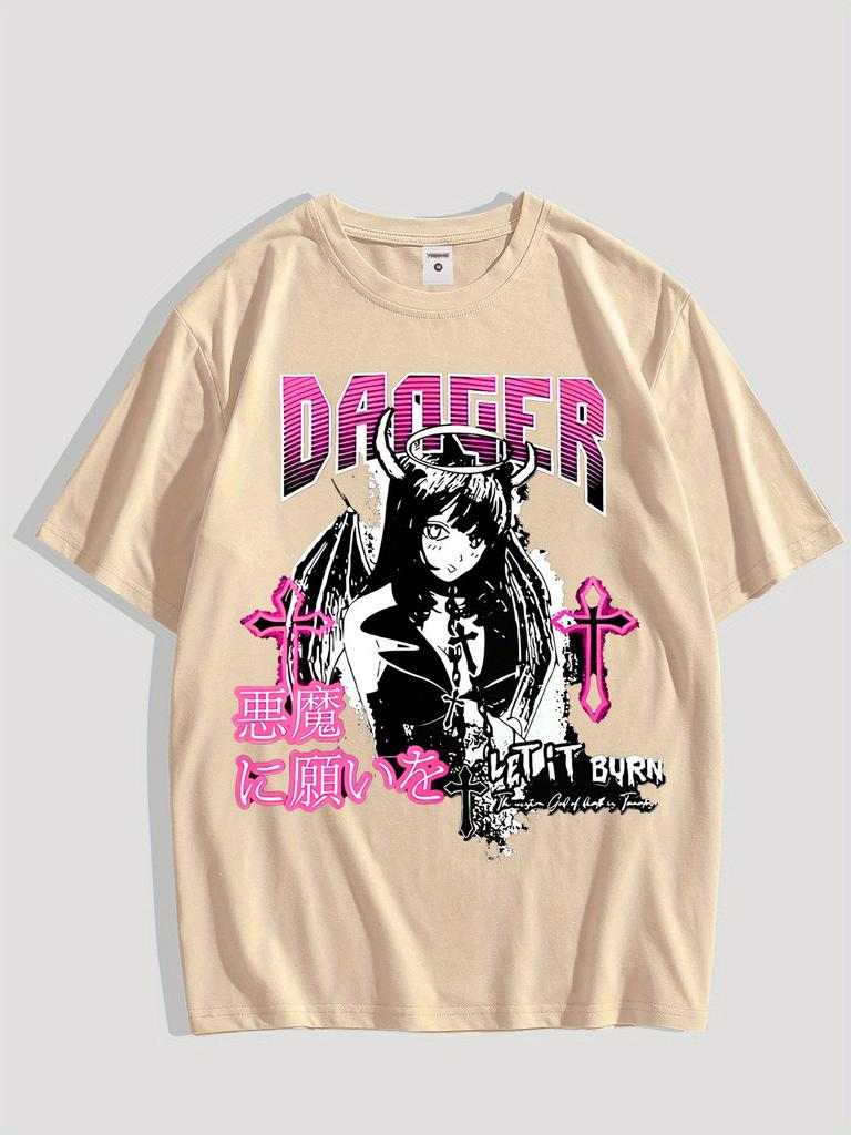 Dagger Let It Burn Devil Angel Anime Girl Pink Cross Japanese Kanji Print TShirt Unisex Unisex Casual Cotton Tee Short Sleeve Tops