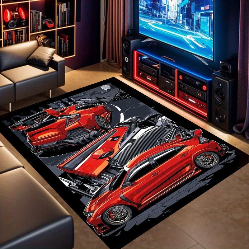 Red Supercars Night Mountain Scene Comic Print Area Rug Non‑Slip Rectangular Floor Mat Auto Enthusiast Decor for Gaming Bedroom Living Room