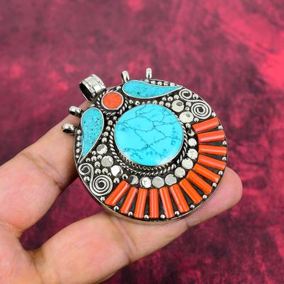 Turquoise & Coral Pendant, Gemstone 925 Solid Sterling Silver Jewelry Pendant, Handmade Jewelry Birthstone Pendant, Gift For Him