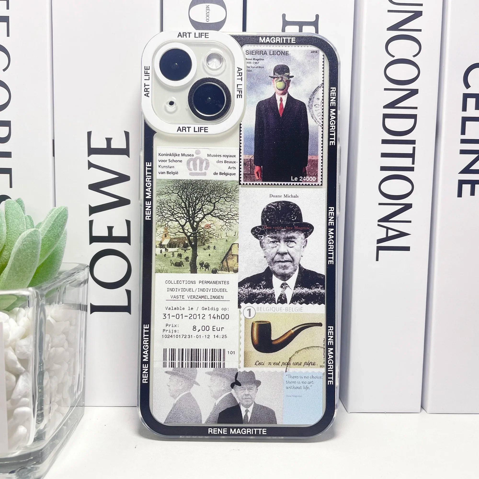 

Rene Magritte Art Aesthetic Ticket Mix Label Phone Case For iPhone 16 15 14 13 12 11 Pro Max XS X XR 7 8 SE Clear Soft Cover iPhone 12