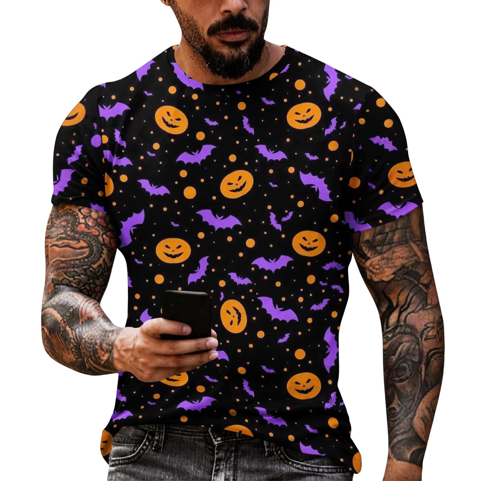 Men Short Sleeve Halloween Print T Shirt Crew Neck Pumpkin Bat Web Pattern Relaxed Fit Casual Top L синий
