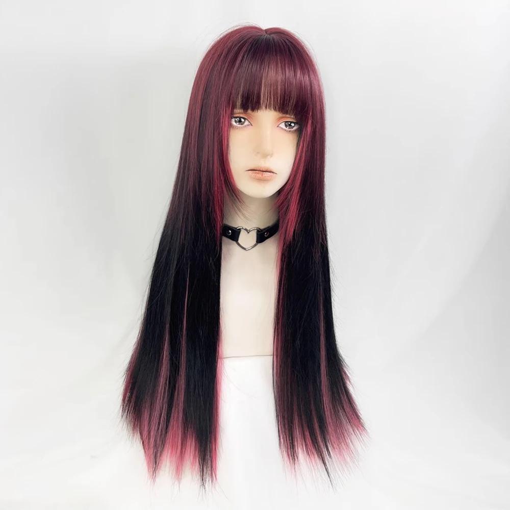 Synthetic Long Straight Harajuku Pink Brown Wig With Bangs Heat-Resistant Kawaii Lolita Wigs For Women Cosplay Hair Wig