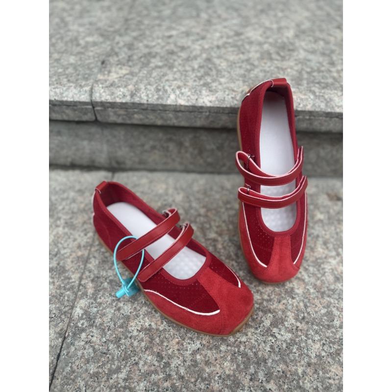 Leather red mesh light mouth double belt ballet shoes women's retro inner height increase versatile fashion Mary Jane shoes children