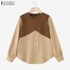ZANZEA Women Casual Round Neck Long Sleeve Patchwork Blouse