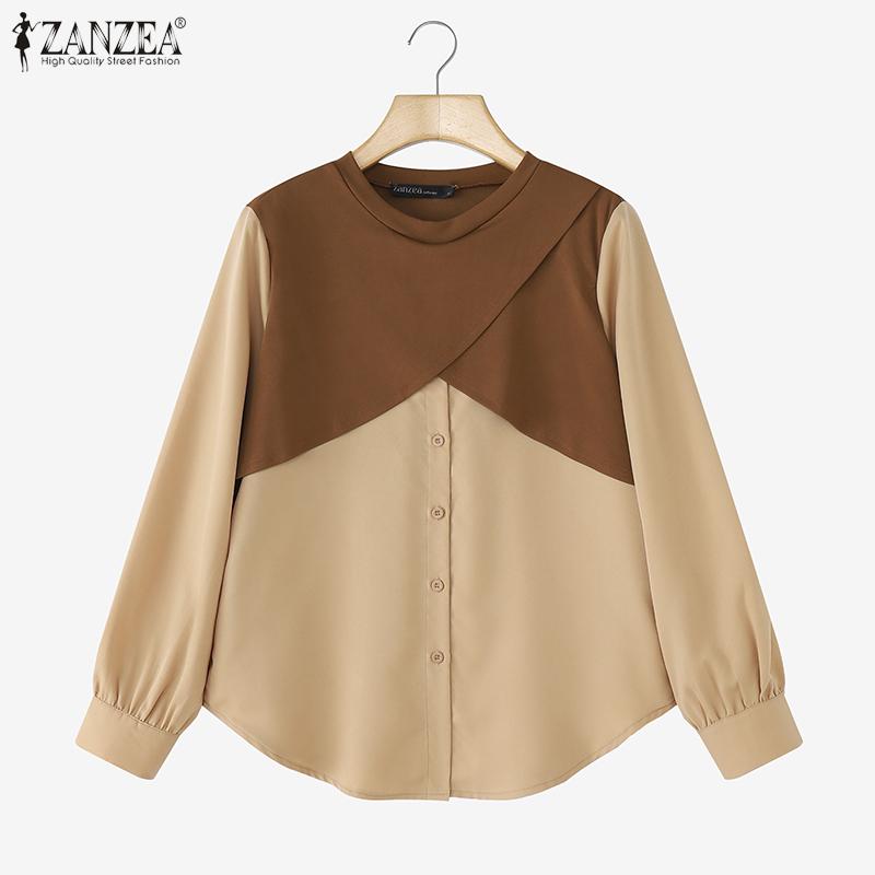 ZANZEA Women Casual Round Neck Long Sleeve Patchwork Blouse