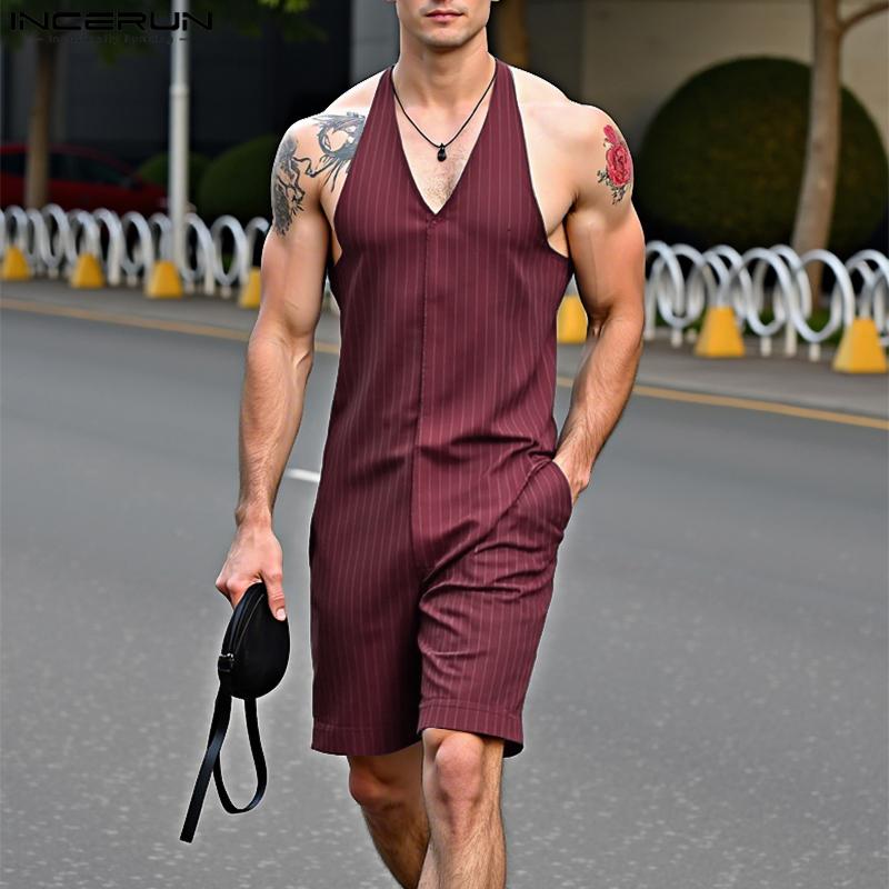 INCERUN Pánské overaly s ramínky bez rukávů s pruhovaným potiskem