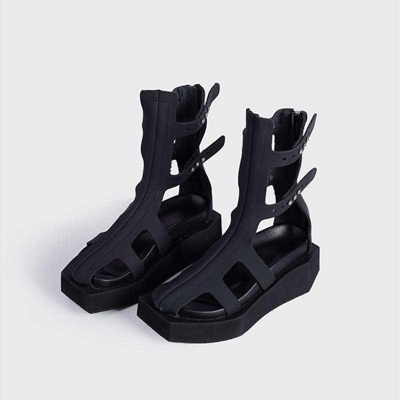 Ins Style Black Square Toe Wedges Women Summer Sandals Boots Casual Flats Zipper Gladiator Sandals Girls Chunky Shoes