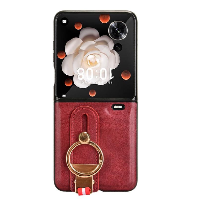 For Honor Magic V Flip Wrist Strap Ring Bracket Phone Holder Case For Honor Magic V Flip Leather style Case Drop-Resistant Cover