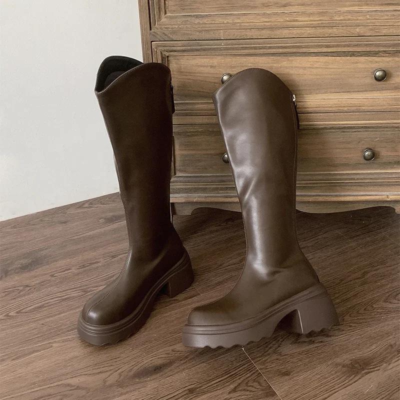 Vintage Women Knee High Boots Fashion Back Zippers Shoes Square High Heel Autumn Winter Ladies Knight Long Booties