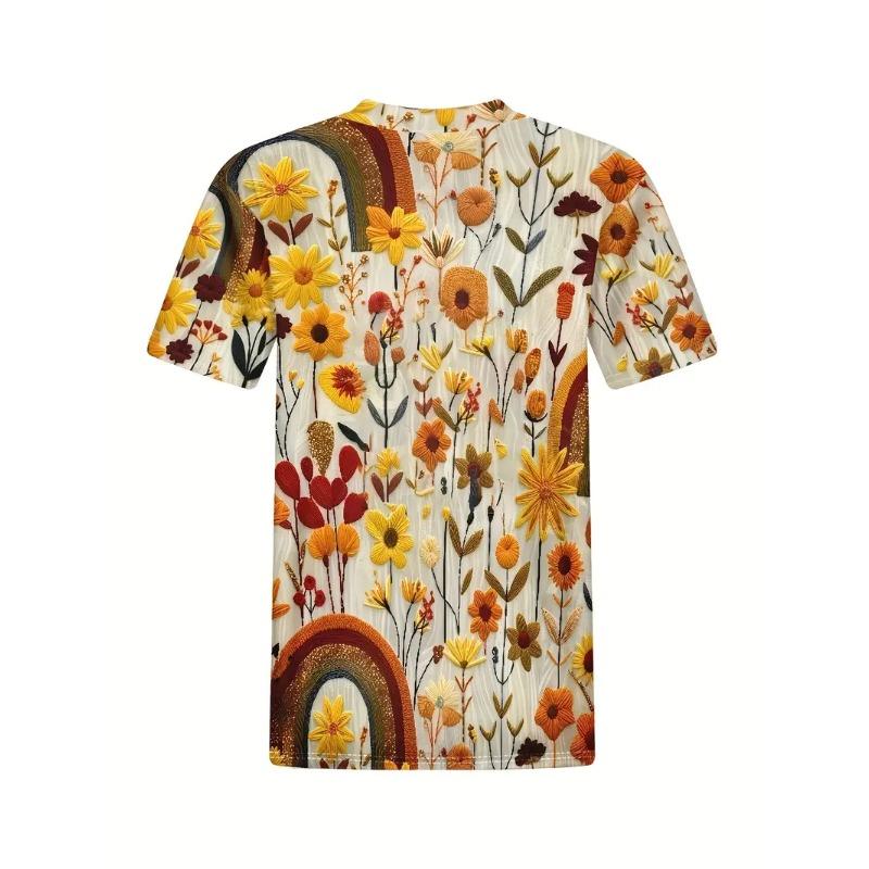Plus Size Women's 3D Printed Sunflower Pattern T-shirt An Elegant Casual Crew Neck Short Sleeved Top