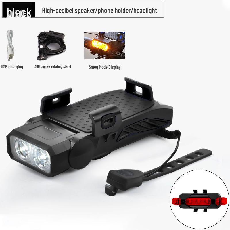 Luce Bicicletta ad Alta Luminosità: Supporto per Telefono Cellulare 4-in-1, Campanello, Fanale Posteriore e Anteriore con Ricarica USB per Ciclismo all'Aperto