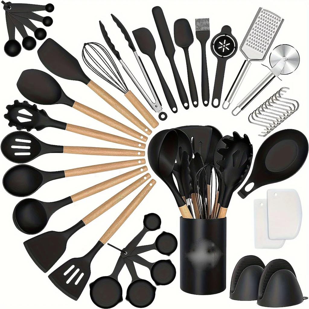 43-Piece Non-Stick Pan Storage Set, Wooden Handle Silicone Kitchenware, Easy-to-Clean Spatulas & Spoons, Complete Cooking Utensil Kit