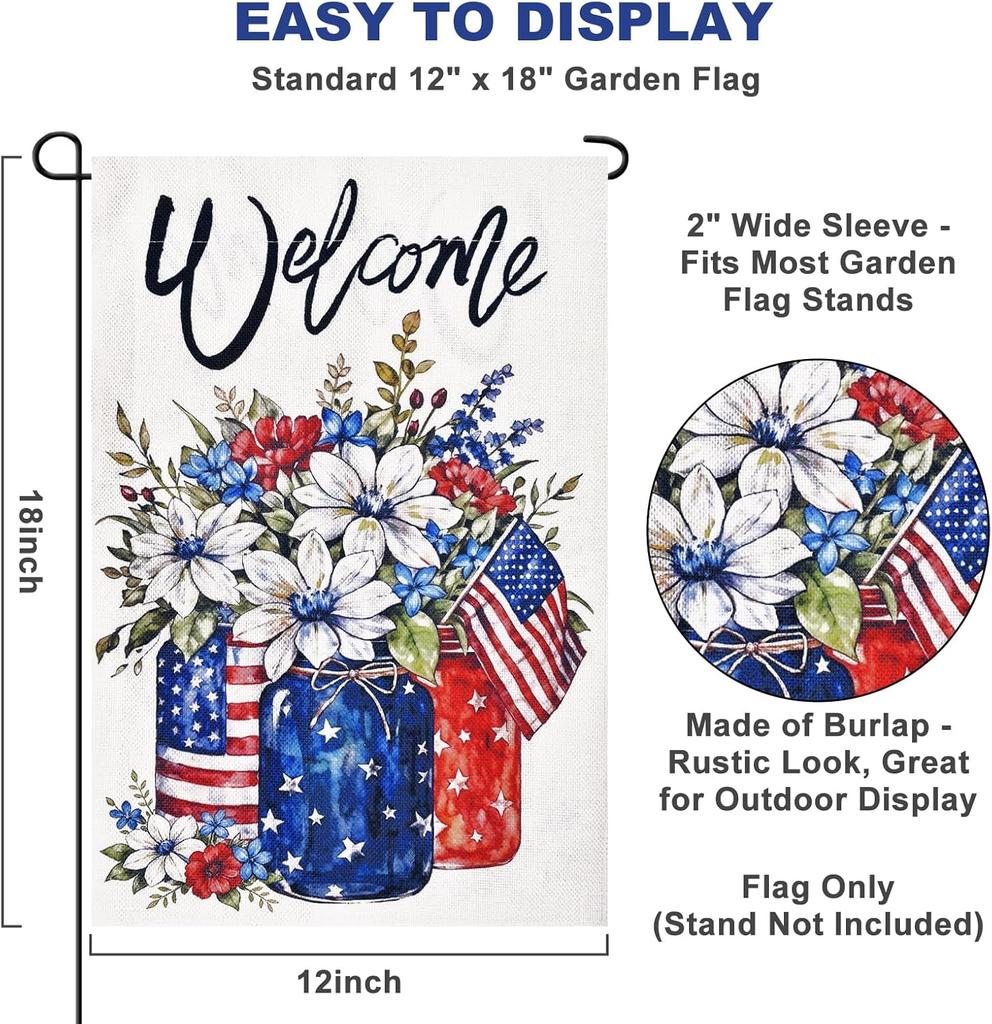 12 x 18 Inches Patriotic Floral Welcome Garden Flag - Double Sided Mason Jar Flowers and American Flag Printed Holiday Yard