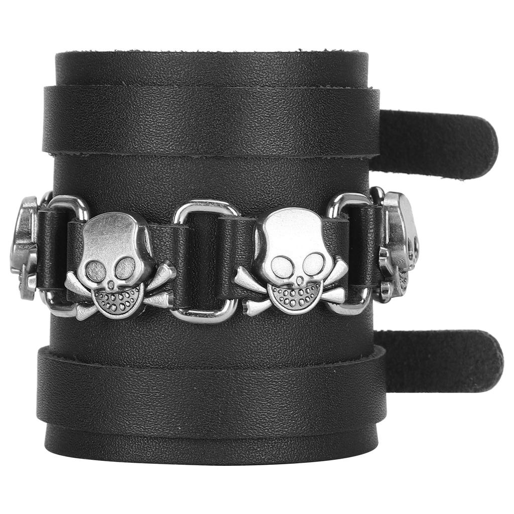 Braided Bracelet Split Leather Adjustable Pin Buckle HandMade Vintage Skull Wrist Cuff Jewelry(Black )
