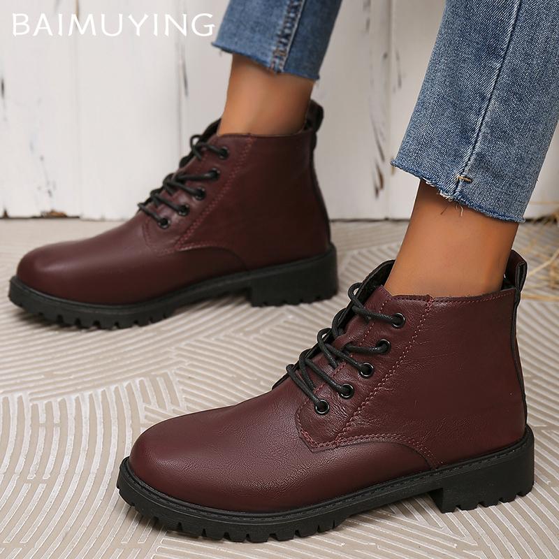 Winter Women Ankle Boots Leather Flats Designer Lace Up Shoes 2024 Trend New Brand Classic Motorcycle Boots Goth Botas De Mujer