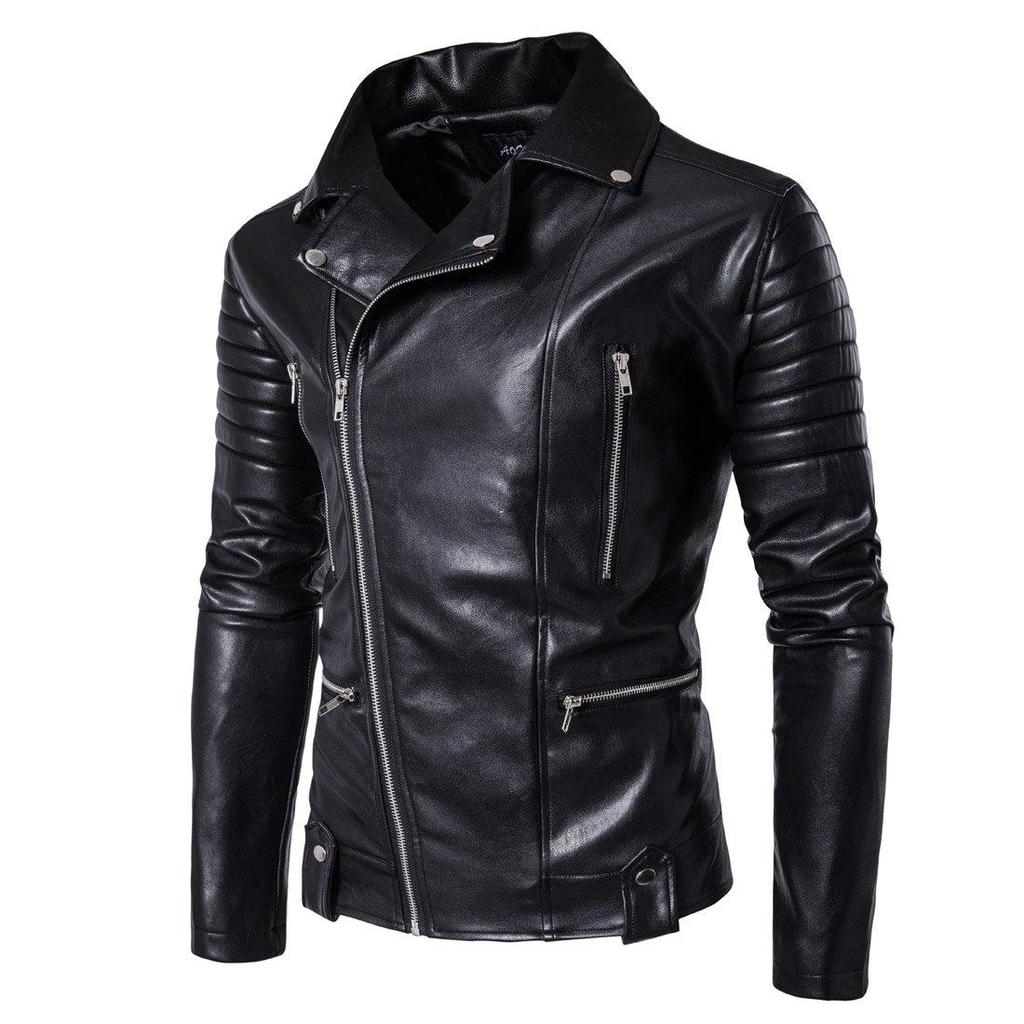 Men's leather jacket with multiple zippers, men's leather messenger bag, motorcycle-style PU leather jacket for riding a Harley motorcycle.
