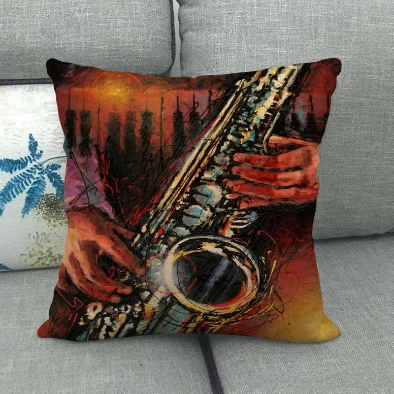 Watercolor Guitar Saxophone Pillow Bedroom Decor Luxury Home  Beautiful Musical Instrument Throw Pillowcase