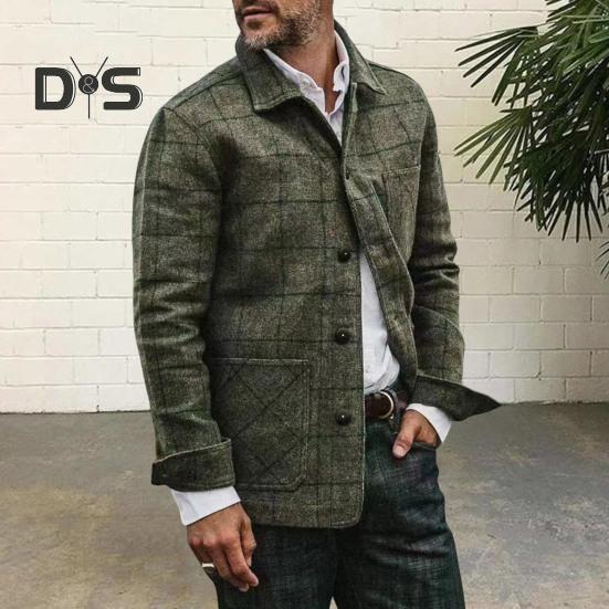 Men Jacket Coat Lapel Long Sleeve Plaid Print Coat with Patch Pocket Single Breasted Loose Fit Casual Outwear