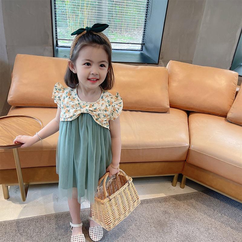 Children Dress Girls Summer Dress Korean Princess Dress Mesh Dress Sleeveless Loose Floral Bow Ruffle Dress