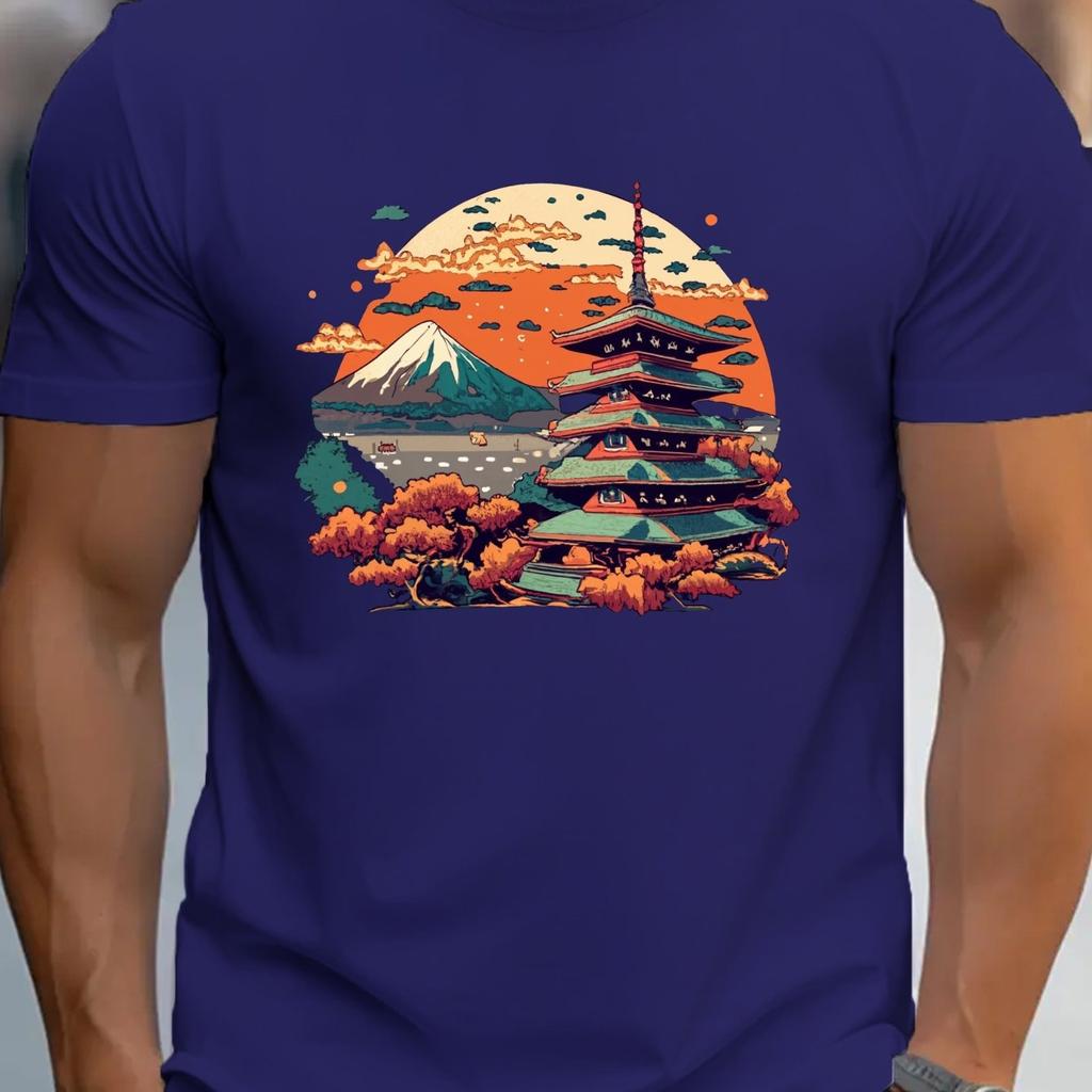Japanese Pagoda Mount Fuji Print Mens Cotton Graphic Tee Casual Breathable Short Sleeve TShirt