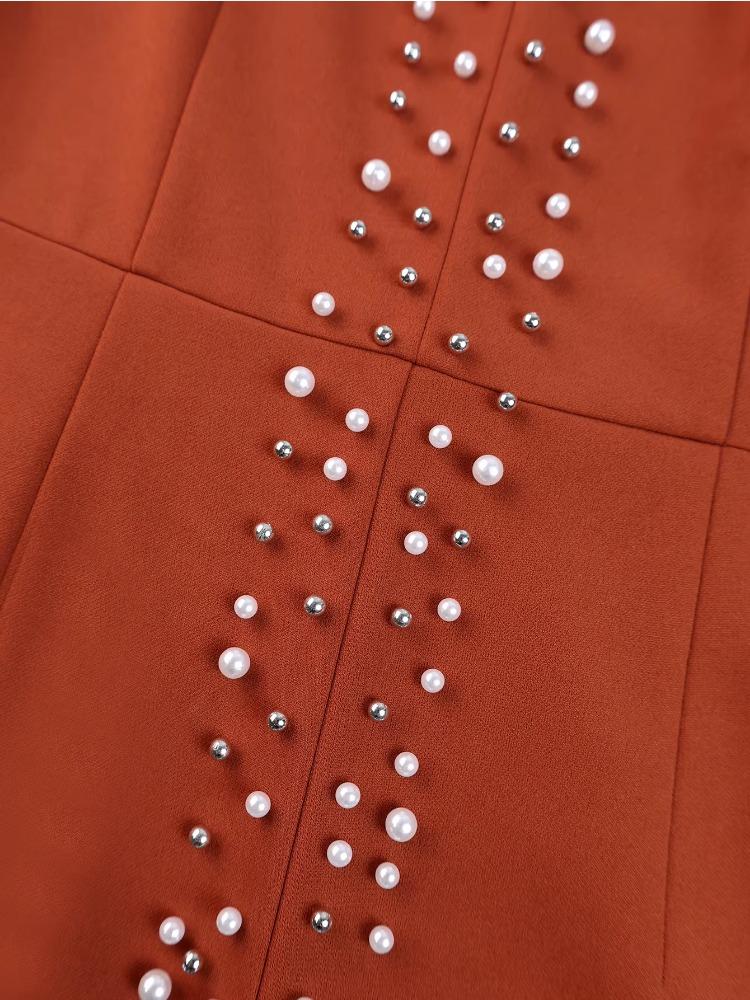 Elegant BrickRed Trumpet Dress Beading Patchwork Mesh Long Sleeve Sheer Slim Fit High Waist  Autumn Winter Party Dress