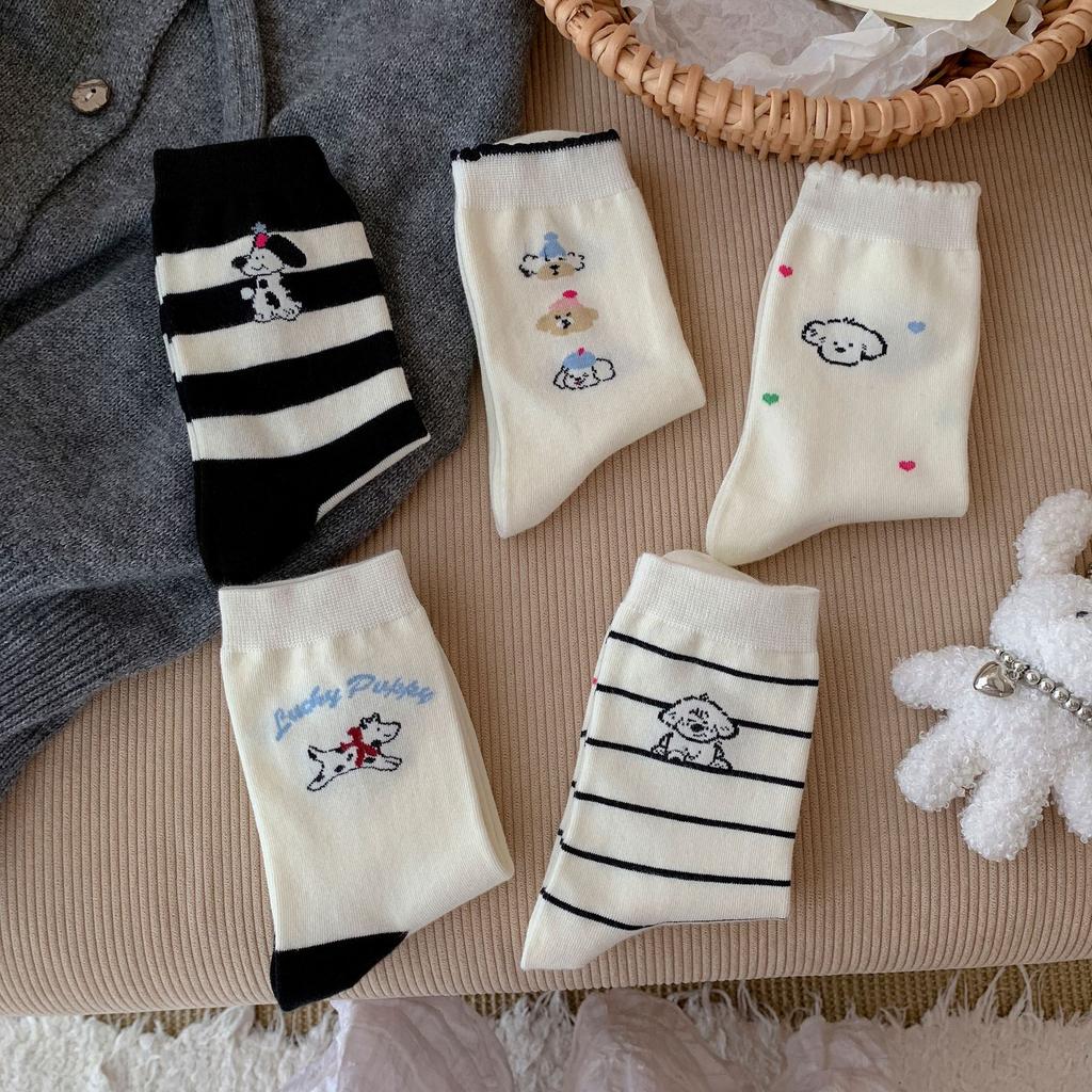 White Cartoon Socks Socks Spring Cotton Striped Stack Socks Cute Puppy Polka Dot Stockings