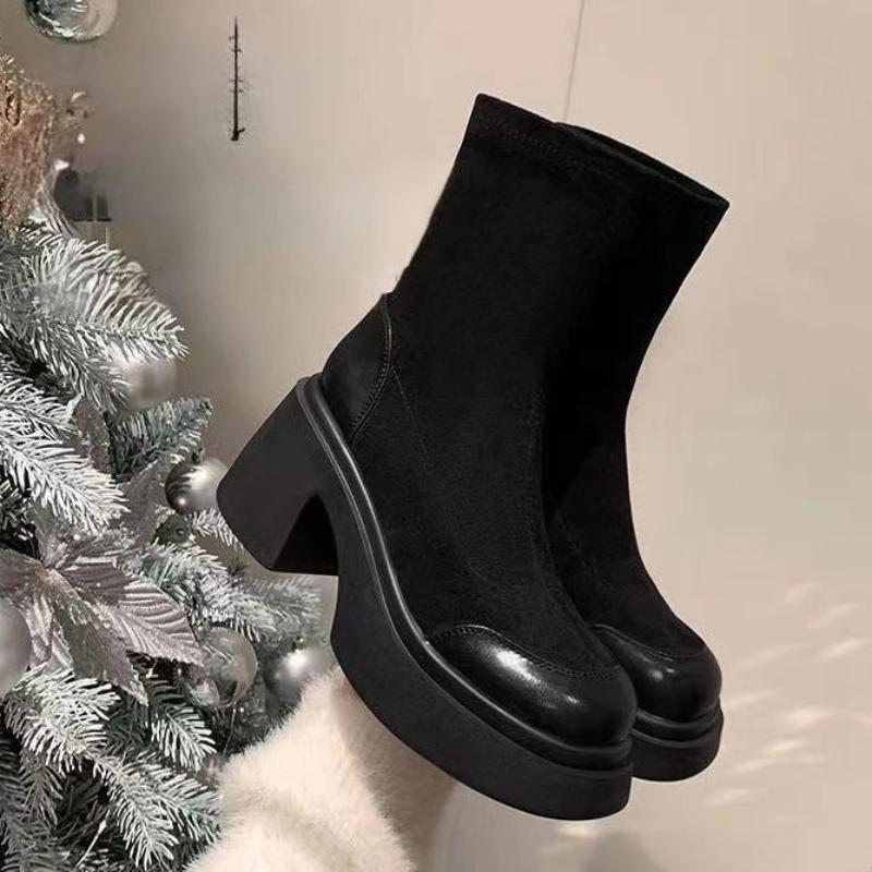 Fashion Black Women's Ankle Boots Chunky Heel Height Increasing Female Short Shoes Plain Hot Pu High Quality Y2k On Promotion 39 Booties