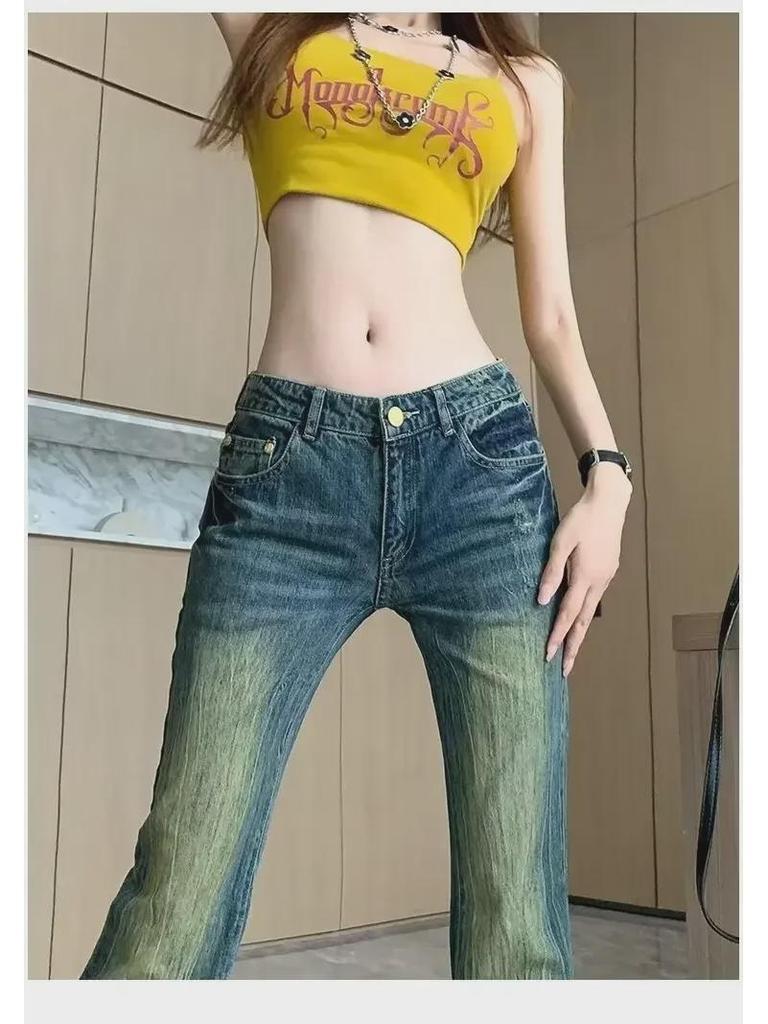 Women’s 2024 Retro Embroidered Bell-Bottom Jeans with Raw Edge Horseshoe Design for Spring and Autumn.