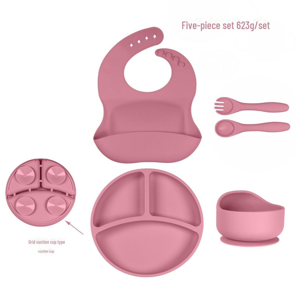 Kids' Silicone Tableware Set: Shatter-Resistant Plate, Bowl, Fork, Spoon, Bib (5-Piece)