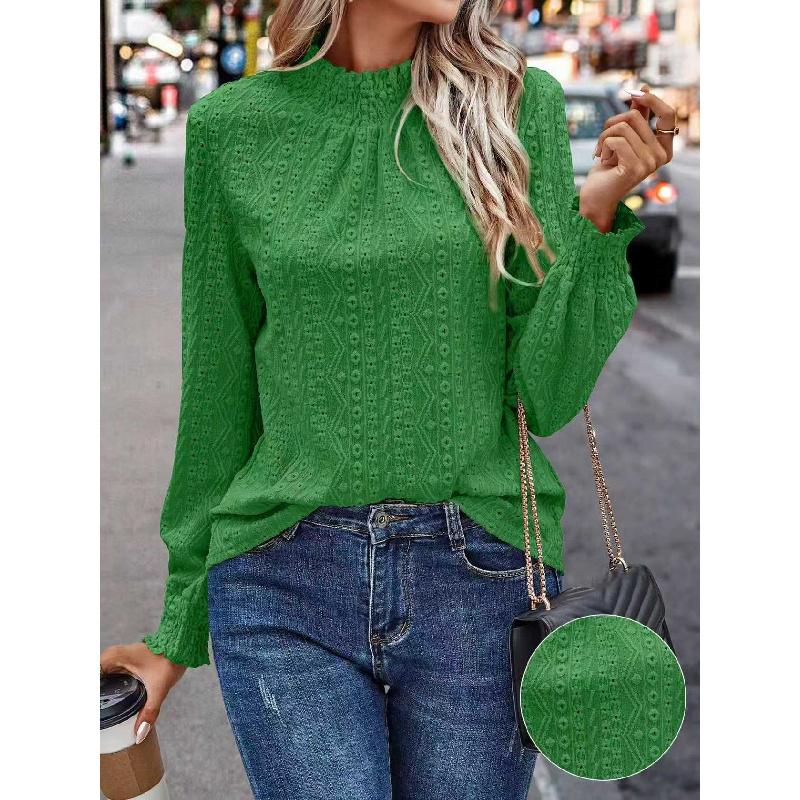 2026 New Women's Solid Color Fashion Versatile Hollow Out Stand Collar Puff Sleeve T-Shirt Casual Top