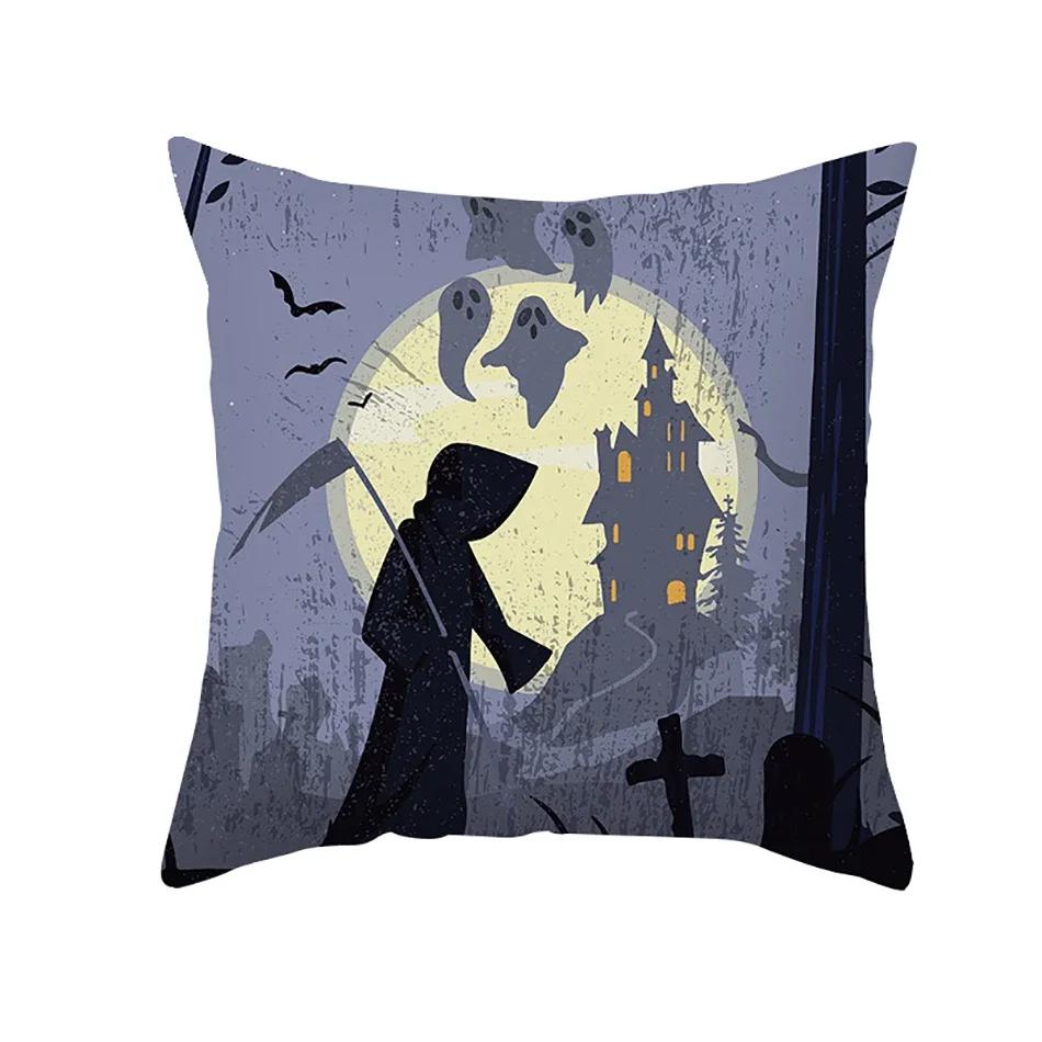 Home Decor Halloween Cushion Cover Skull Cat Scary Pumpkin Bat Castle Print Square Pillowcase Party x Funda de almohada