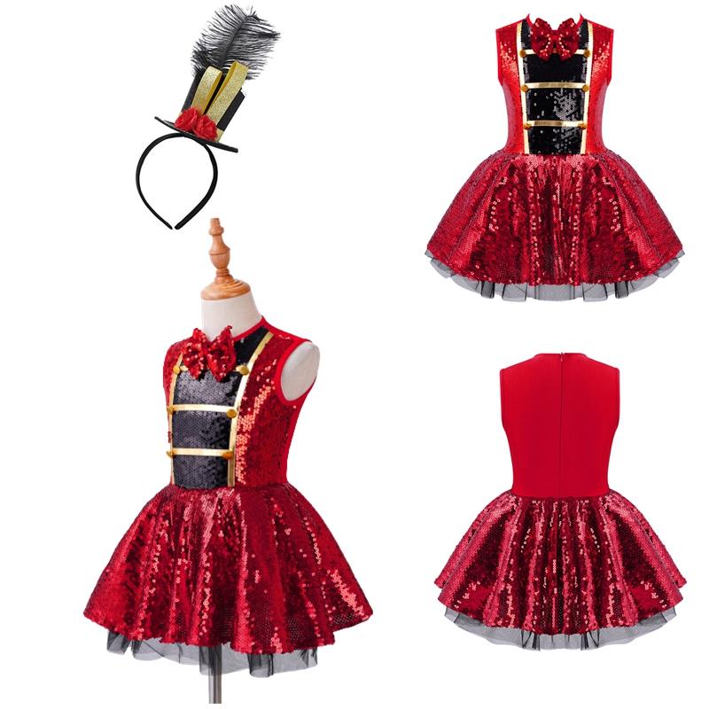 Kids Girls Round Neck Sleeveless Shiny Sequins Adorned Leotard Dress with Feather Mini Top Hat for Halloween Carnival Party