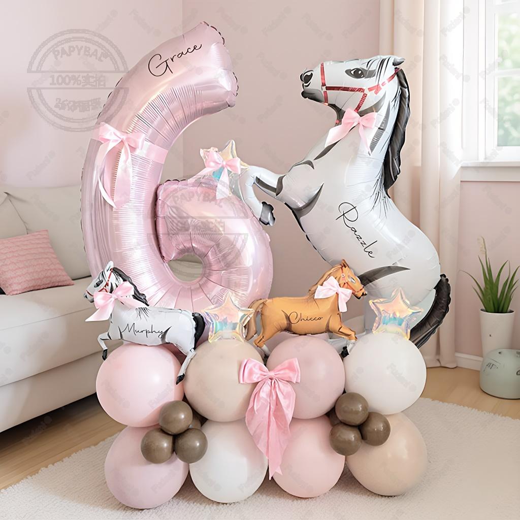 35pcs Horse Farm Party Themed Balloon Kit with 32inch Large Pink Number Baloons Western Cowgirl 1-9 Years Birthday Party Supplie