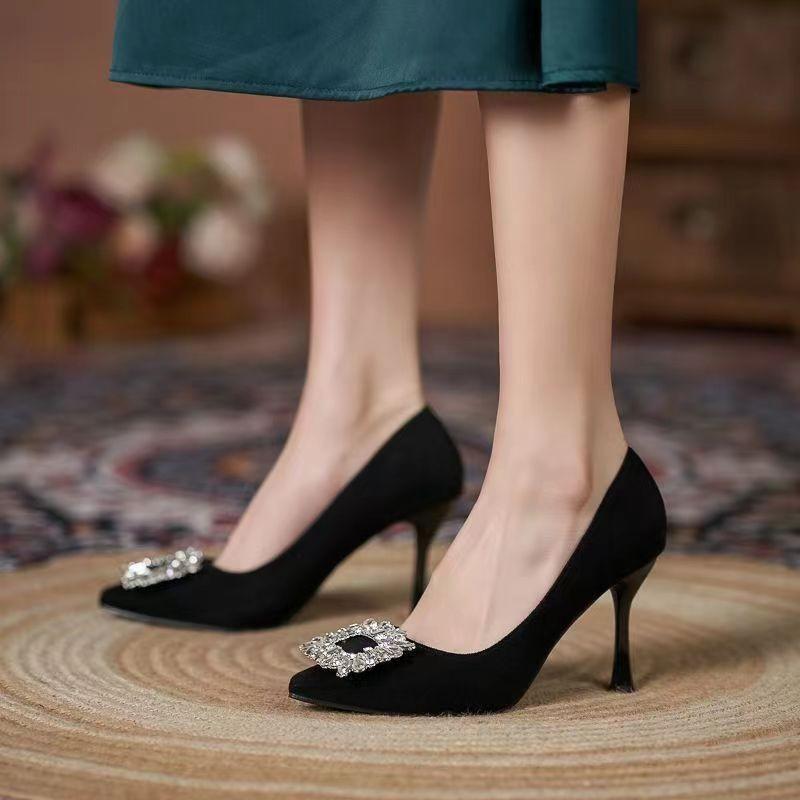 Fashion Rhinestone Square Buckle High Heels Women's Spring and Autumn New Pointed Toe Shallow Suede Non-slip Fine Heel Single Shoes
