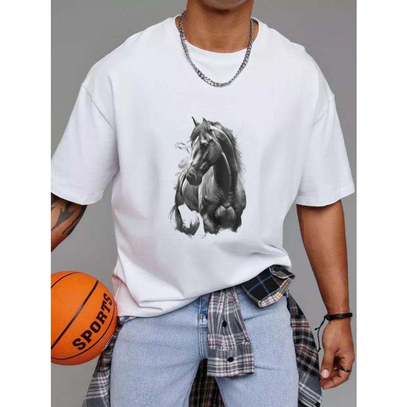 Men's White T-Shirt Horse Graphic Print Casual Wear