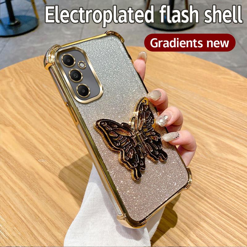 Plating Shockproof Butterfly Holder Phone Case For Samsung Galaxy A04E A04 A14 A24 A34 A54 A73 A53 A33 A23 A13 4G Glitter Cover
