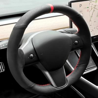 Handgenähtes Rutschfestes Wildleder-Geflecht mit Kohlefaser-Optik Lenkradbezug für Tesla Model S Y Model X Model 3 Autozubehör