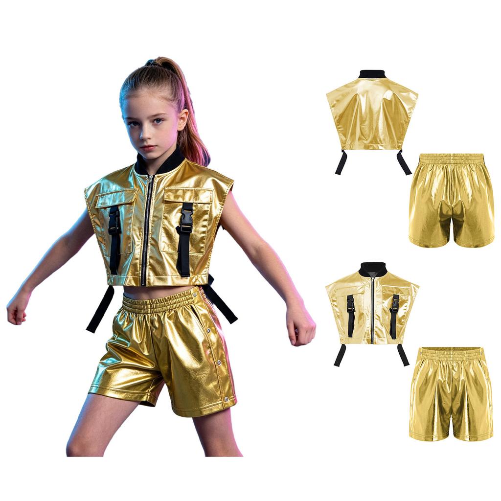 Kids Hip Hop Jazz Dance Costume Sleeveless Side Zip Metallic Vest with Detachable Side Button Shorts for Stage Show