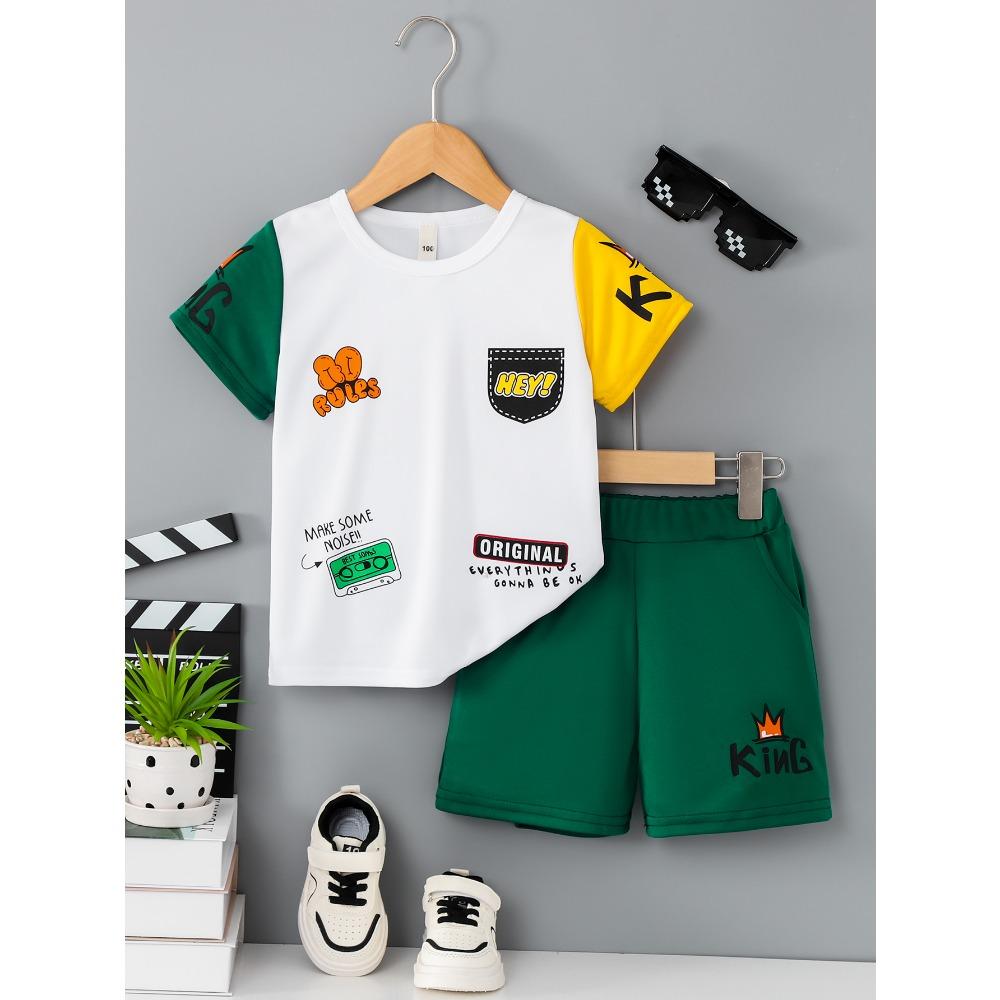 Boys sports color cartoon printed T-shirt+shorts, children s summer set 150