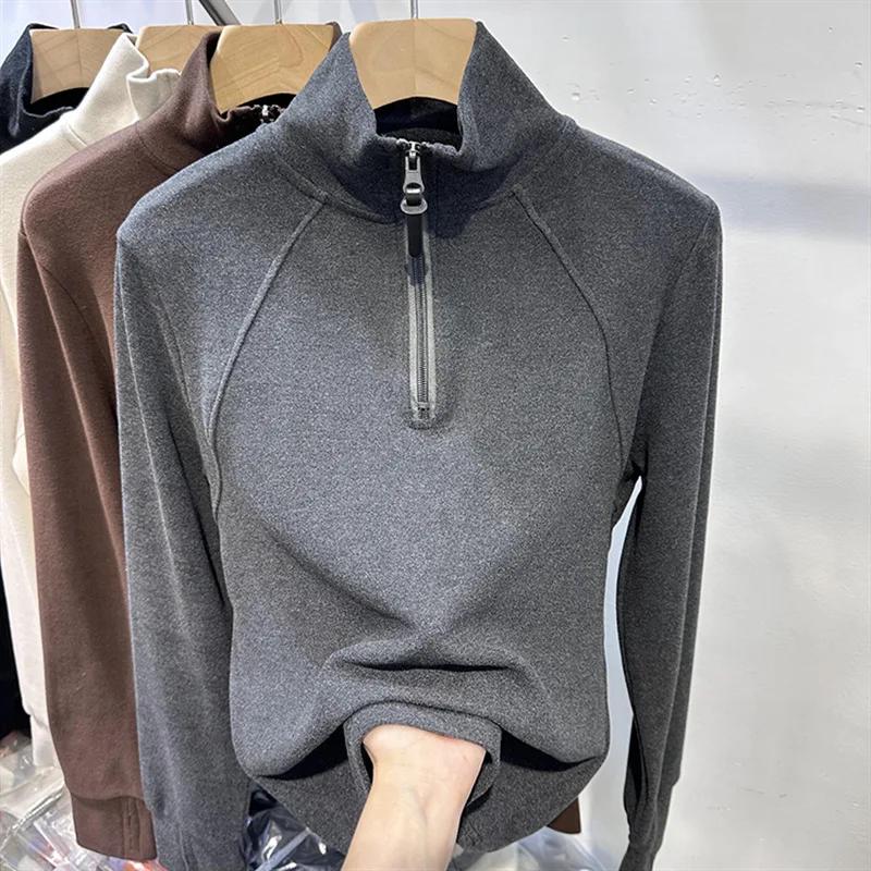 Damen 2023 Samt Stehkragen Reißverschluss Strickjacke – Unifarbe, Langarm, Herbst/Winter Trendiges Oberteil