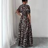 Elegant Leopard Print Deep V-neck Maxi Long Dress Summer Short Sleeve Party Dress A-line Casual Slim Loose Simple Drawstring Waist-cinching Clothes