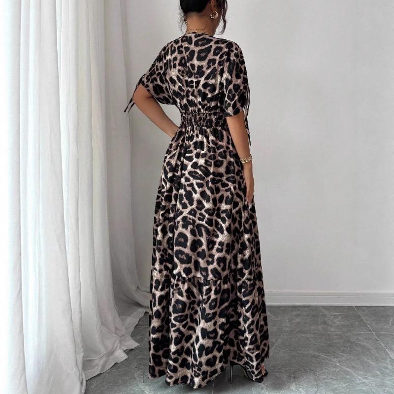 Elegant Leopard Print Deep V-neck Maxi Long Dress Summer Short Sleeve Party Dress A-line Casual Slim Loose Simple Drawstring Waist-cinching Clothes