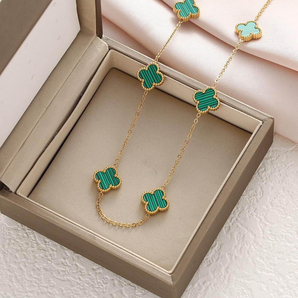 Titanium Steel Double-sided Clover Necklace with Ten Flower Mother of Pearl Necklace, 18K Gold-plated and Colorfast